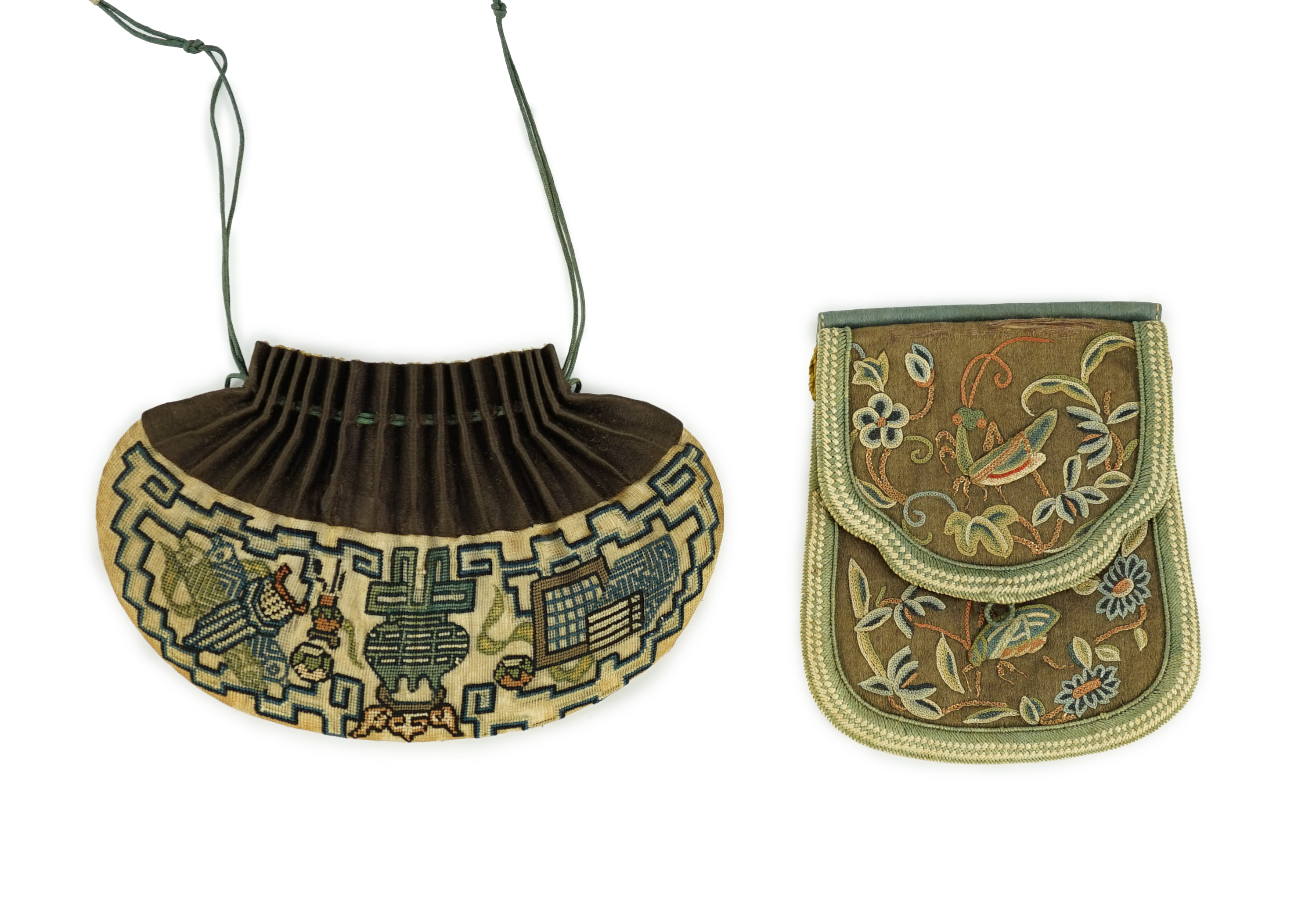 Two Chinese embroidered silk purses, 19th century